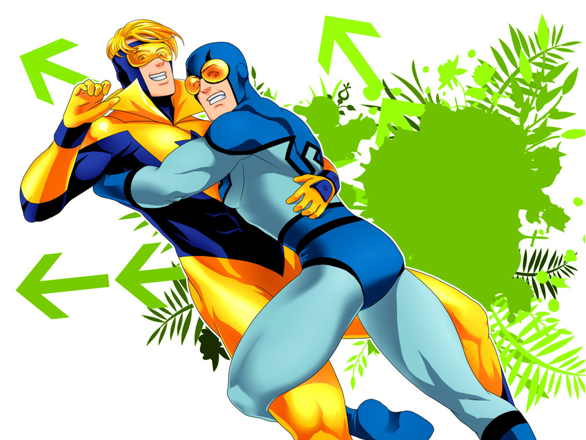 2boys arrow blonde_hair blue_beetle bodysuit booster_gold dc_comics duo goggles highres hug male male_focus mask multiple_boys mxsxe ted_kord