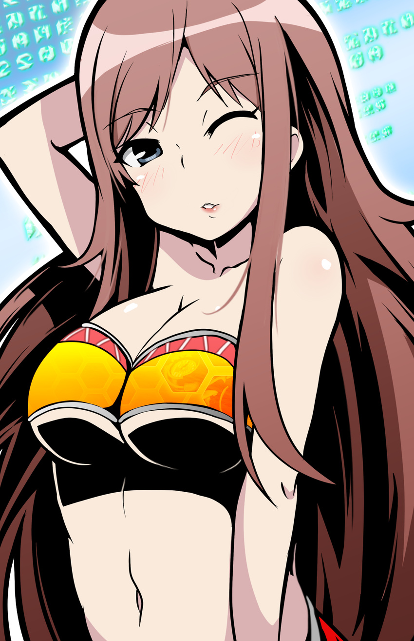 akana_rui arm_up bandeau blue_eyes blush breasts brown_hair chousoku_henkei_gyrozetter cleavage collarbone highres large_breasts long_hair midriff navel one_eye_closed outline parted_lips solo tom_(drpow)