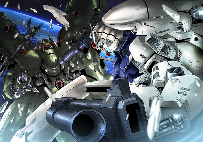 bazooka cannon claws damaged debris dendrobium_schema earth gundam gundam_0083 gundam_gp-03_stamen mecha neue_ziel no_humans planet platin_(alios) science_fiction space weapon