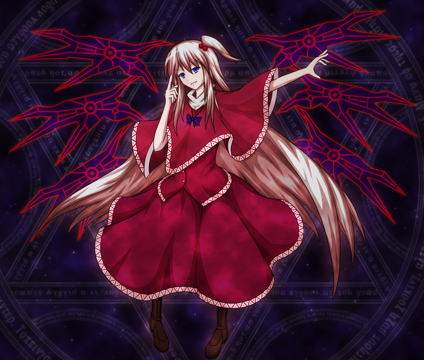 blue_eyes capelet full_body hair_bobbles hair_ornament hakuhou_(ende_der_welt) long_hair mechanical_wings multiple_wings outstretched_hand red_capelet shinki side_ponytail silver_hair solo touhou touhou_(pc-98) very_long_hair wings