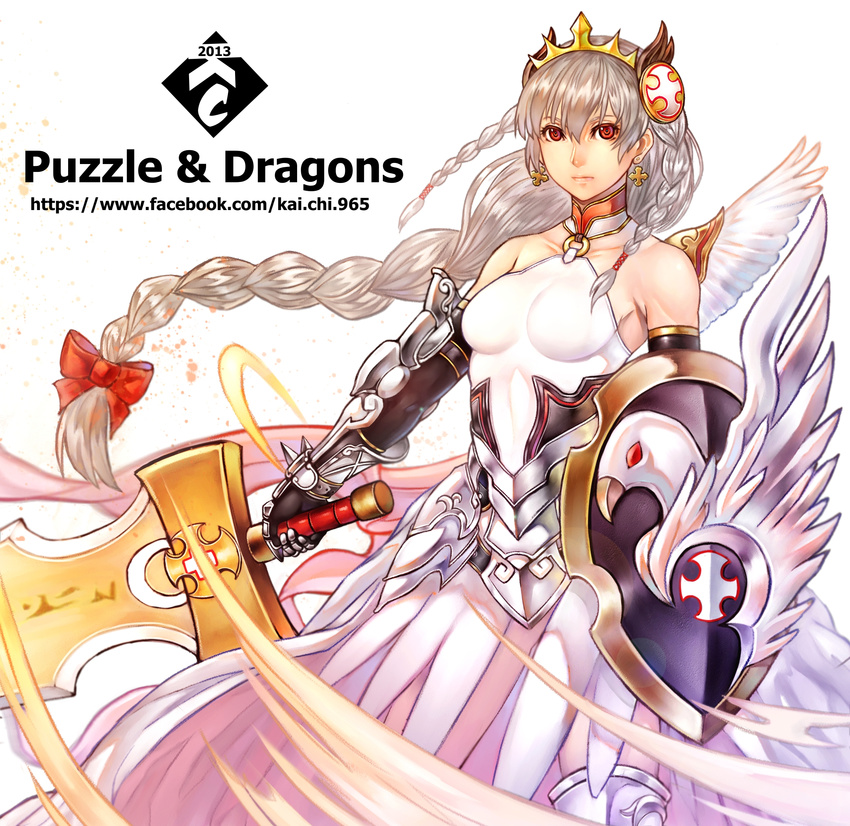 brooch dress earrings gauntlets highres jewelry k.c light_valkyrie_(p&amp;d) puzzle_&amp;_dragons red_eyes shield silver_hair solo sword valkyrie_(p&amp;d) weapon
