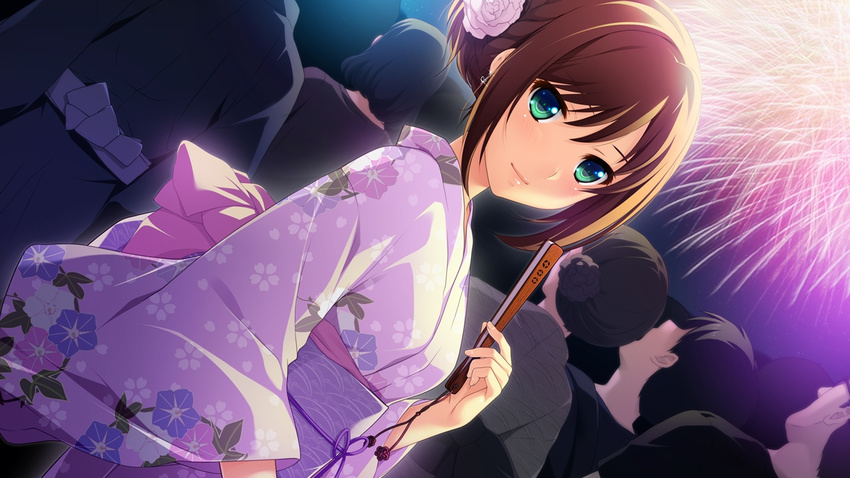 16:9 1girl black_hair blush breasts brown_hair earrings fan fireworks game_cg green_eyes hatsukoi_1/1 japanese_clothes jewelry kimono koizumi_amane looking_at_viewer looking_up night public short_hair sky smile standing