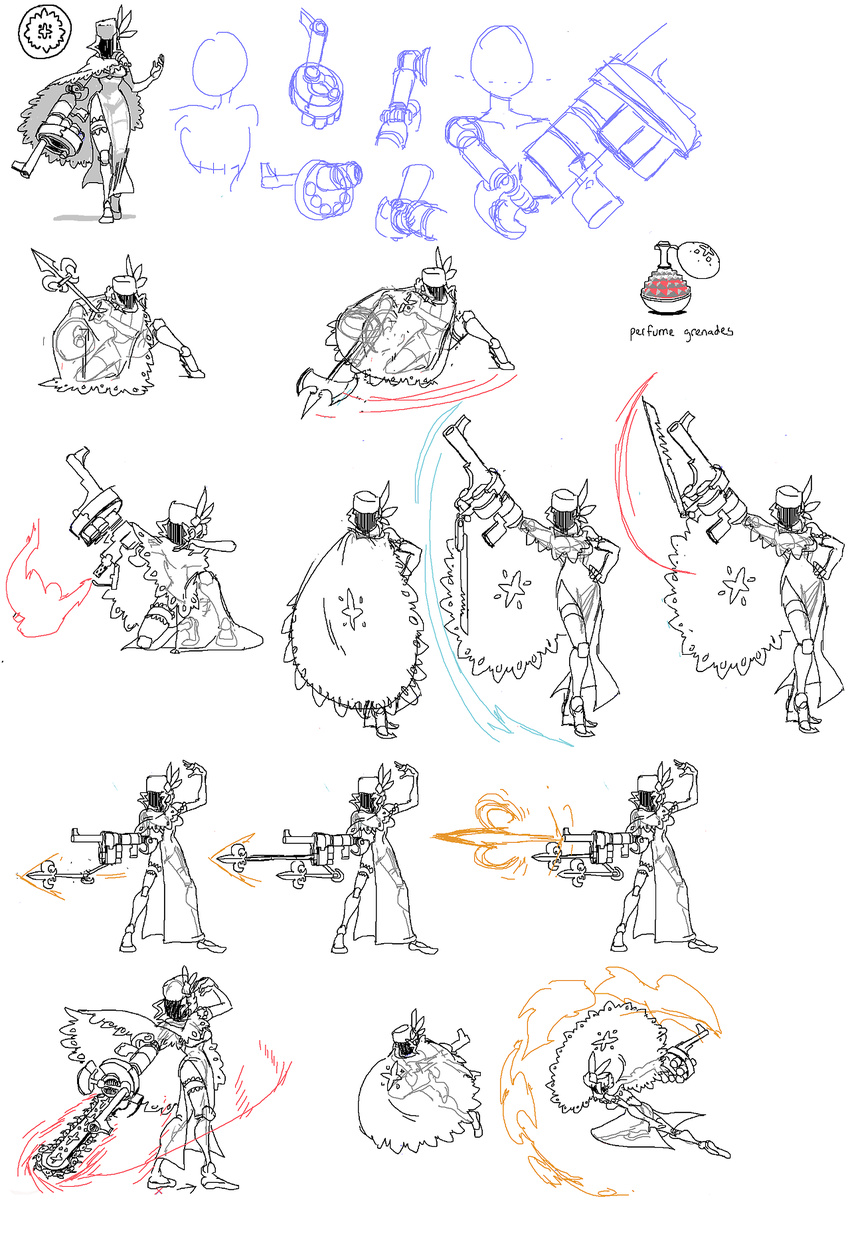 1girl black_dahlia cape chainsaw concept_art cyborg doily elbow_gloves flamethrower gloves grenade_launcher halberd hand_on_hip hat hat_feather highres lab_zero_games mechanical_arm monochrome official_art polearm single_glove sketch skullgirls solo veil weapon