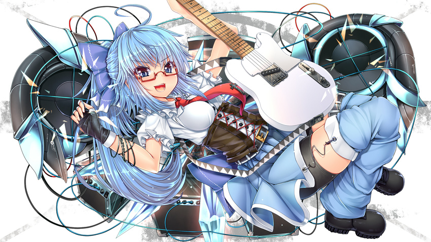 ahoge alternate_costume back_bow bangs bespectacled bike_shorts black_footwear black_gloves blue_bow blue_eyes bow brown_corset buttons cable cirno commentary_request corset cross-laced_clothes detached_pants electric_guitar fingerless_gloves full_body glasses gloves guitar hair_bow highres holding holding_instrument huge_ahoge instrument kantarou_(nurumayutei) light_blue_hair light_blue_skirt long_hair looking_at_viewer miniskirt necktie o-ring open_mouth ponytail rectangular_eyewear red-framed_eyewear semi-rimless_eyewear sideways skirt smile solo speaker strap_gap thighhighs touhou under-rim_eyewear underbust v-shaped_eyebrows wings