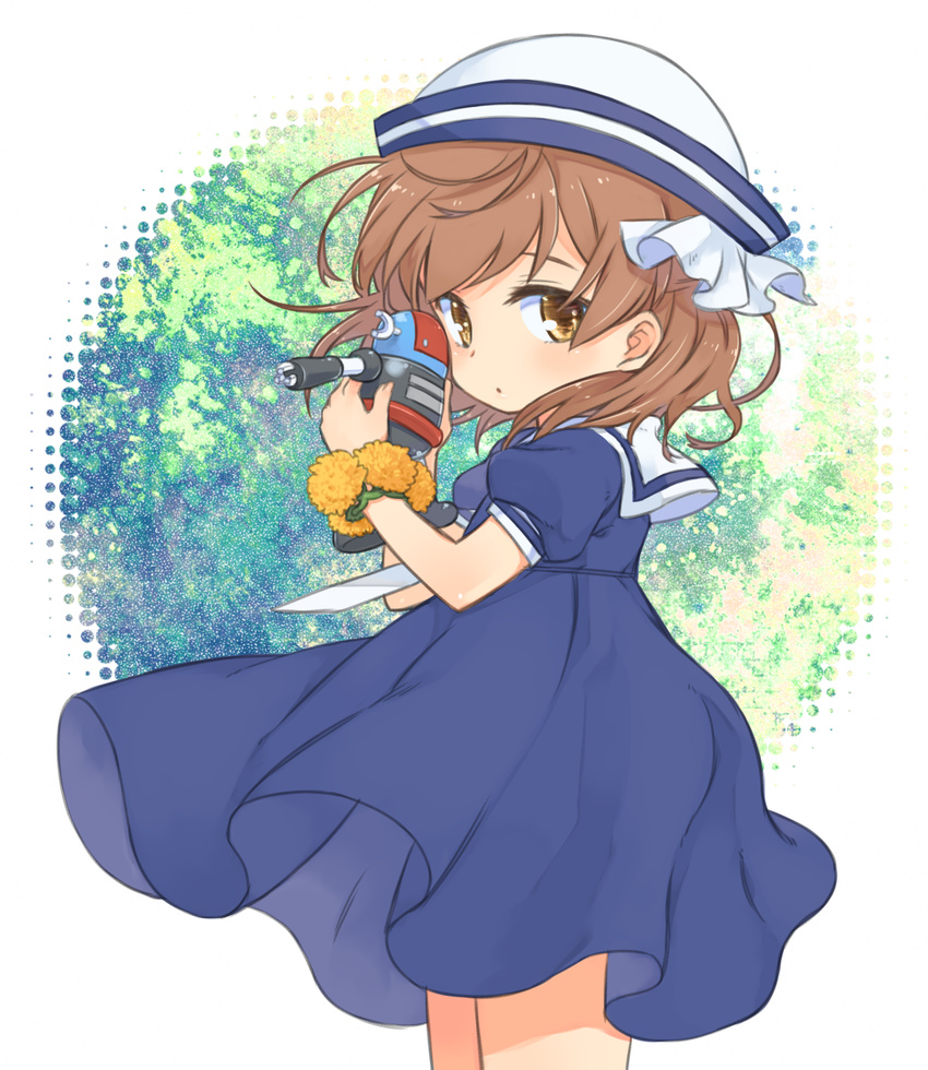 amana_(pocketkey) brown_eyes brown_hair child clannad dress flower flower_bracelet hat highres looking_at_viewer okazaki_ushio robot sailor_dress sailor_hat school_uniform short_hair toy