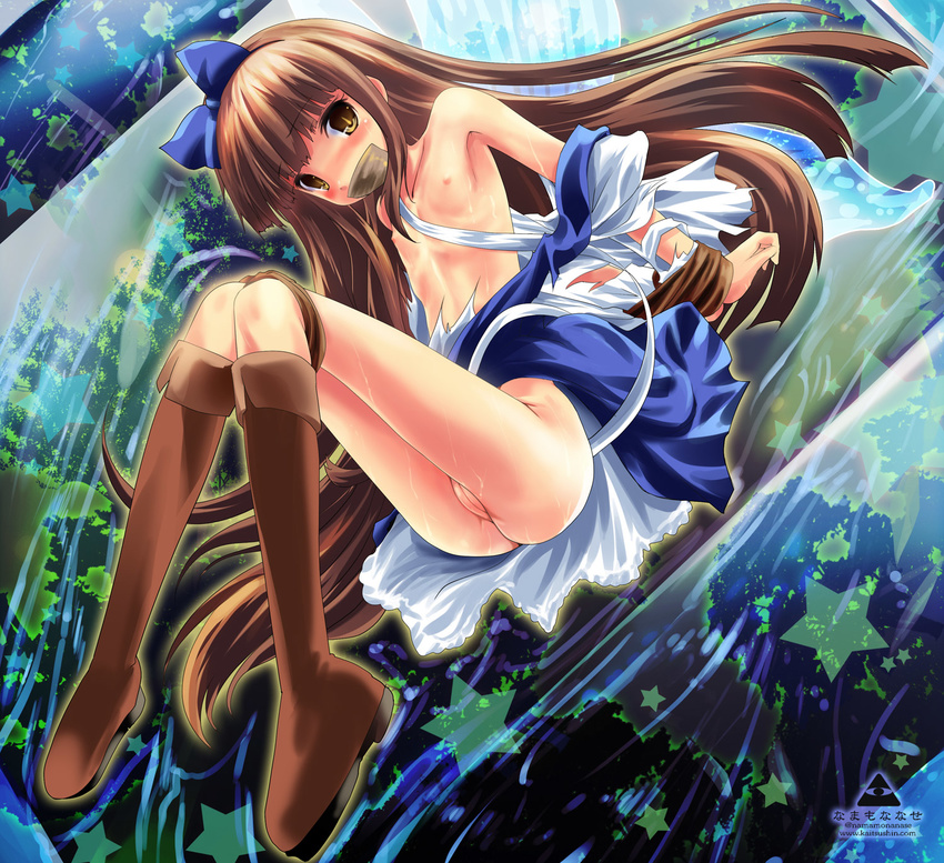 artist_name ass bdsm blush bondage boots bottomless bound bow brown_hair dress fairy_wings flat_chest gagged hair_bow highres long_hair looking_at_viewer midriff namamo_nanase nipples off_shoulder pussy sitting slim_legs solo star star_sapphire topless torn_clothes torn_dress touhou very_long_hair watermark web_address wet wings