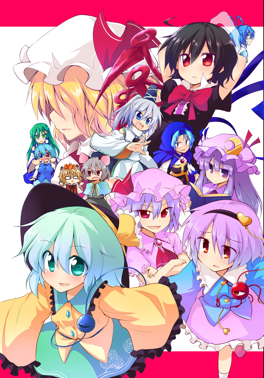 ahoge animal_ears arms_behind_head ascot asymmetrical_wings black_hair blonde_hair blue_eyes blue_hair book bow breasts brooch capelet chipa_(arutana) cover cover_page crescent crossed_arms detached_sleeves doujin_cover flandre_scarlet floral_print frog_hair_ornament green_eyes green_hair grey_hair hair_ornament hair_over_eyes hair_rings hair_tubes hat hat_ribbon heart heart-shaped_pupils heterochromia highres hood houjuu_nue jewelry kaku_seiga kesa kochiya_sanae komeiji_koishi komeiji_satori kumoi_ichirin lavender_hair long_hair long_sleeves medium_breasts mononobe_no_futo mouse_ears multiple_girls nazrin open_book open_mouth patchouli_knowledge pink_hair ponytail profile purple_eyes purple_hair red_eyes remilia_scarlet ribbon shawl short_hair sidelocks silver_hair skirt slippers smile symbol-shaped_pupils third_eye toramaru_shou touhou white_background wide_sleeves wings