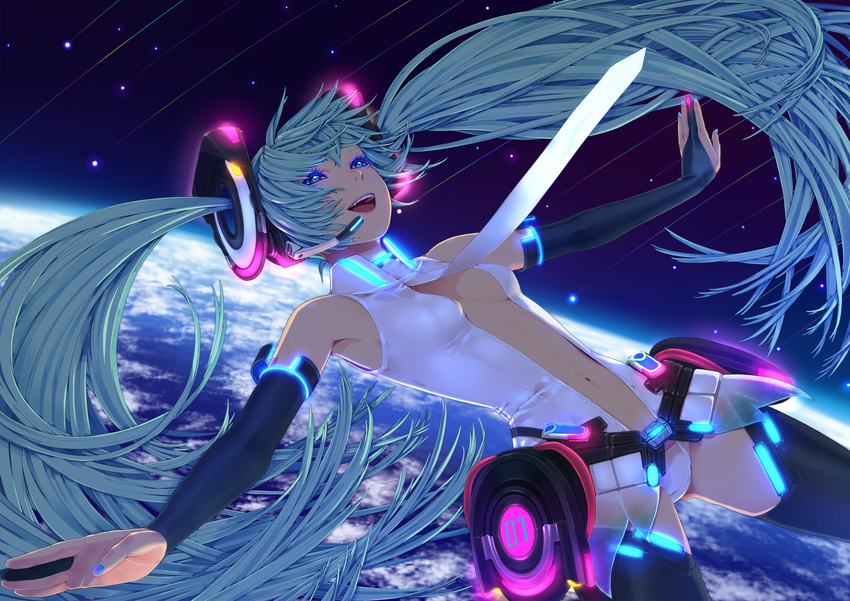 blue_eyes bridal_gauntlets center_opening green_hair hatsune_miku hatsune_miku_(append) headset highres long_hair navel nayu necktie open_mouth outstretched_arms solo space spread_arms thighhighs twintails very_long_hair vocaloid vocaloid_append