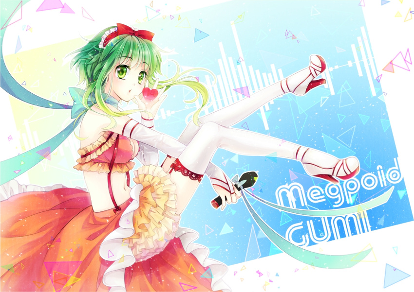 :o bad_id bad_pixiv_id garters green_eyes green_hair gumi headdress heart high_heels microphone momoko_(momoko14) navel shoes slim_legs thighhighs vocaloid white_legwear