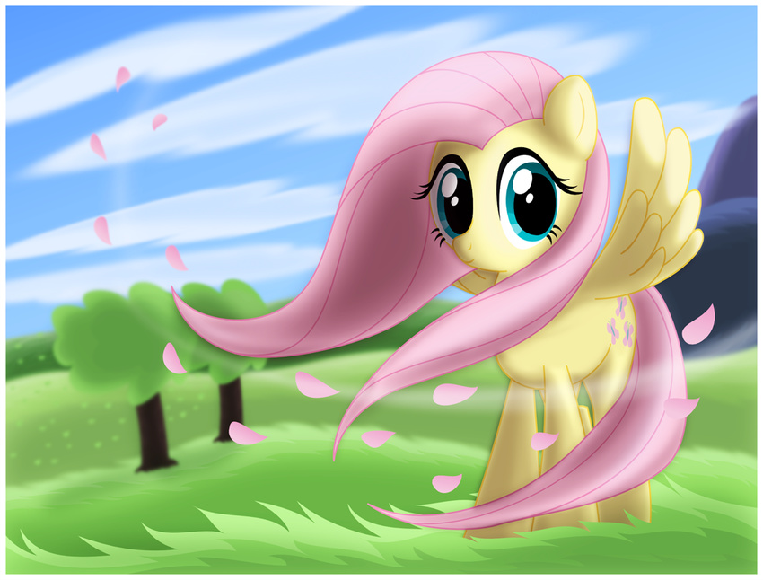 clouds ctb-36 cutie_mark cyan_eyes equine female feral fluttershy_(mlp) friendship_is_magic fur grass hair horse looking_at_viewer mammal my_little_pony outside pegasus petals pink_hair pony sky solo tree wind windy wings yellow_fur