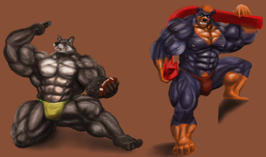 anthro biceps big_muscles black_fur black_nose brown_background brown_fur bulge canine claws crouching doberman dog fangs flexing football fur grey_fur kneeling male mammal maximus-ursus muscles nipples open_mouth pecs plain_background pose ripped solo speedo standing swimsuit teeth toned tongue topless unknown_artist vein wolf
