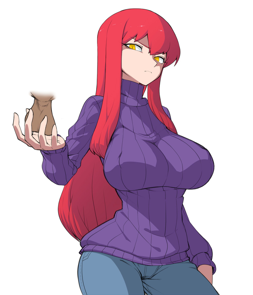 bad_id bad_pixiv_id biriri-ane_(space_jin) breasts contrapposto denim highres huge_breasts impossible_clothes impossible_sweater jeans jitome long_hair original outstretched_hand pants red_hair ribbed_sweater sidelocks slit_pupils solo space_jin standing sweater testicles turtleneck yellow_eyes