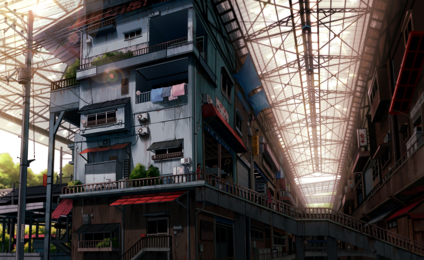 air_conditioner apartment awning bad_id bad_pixiv_id balcony bicycle blanket brown_hair building ground_vehicle highres house jacket lens_flare long_hair mogumo multiple_girls original overhead_door plant power_lines railing red_jacket scenery shop short_hair sign skylight stairs standing transformer tree very_wide_shot waving