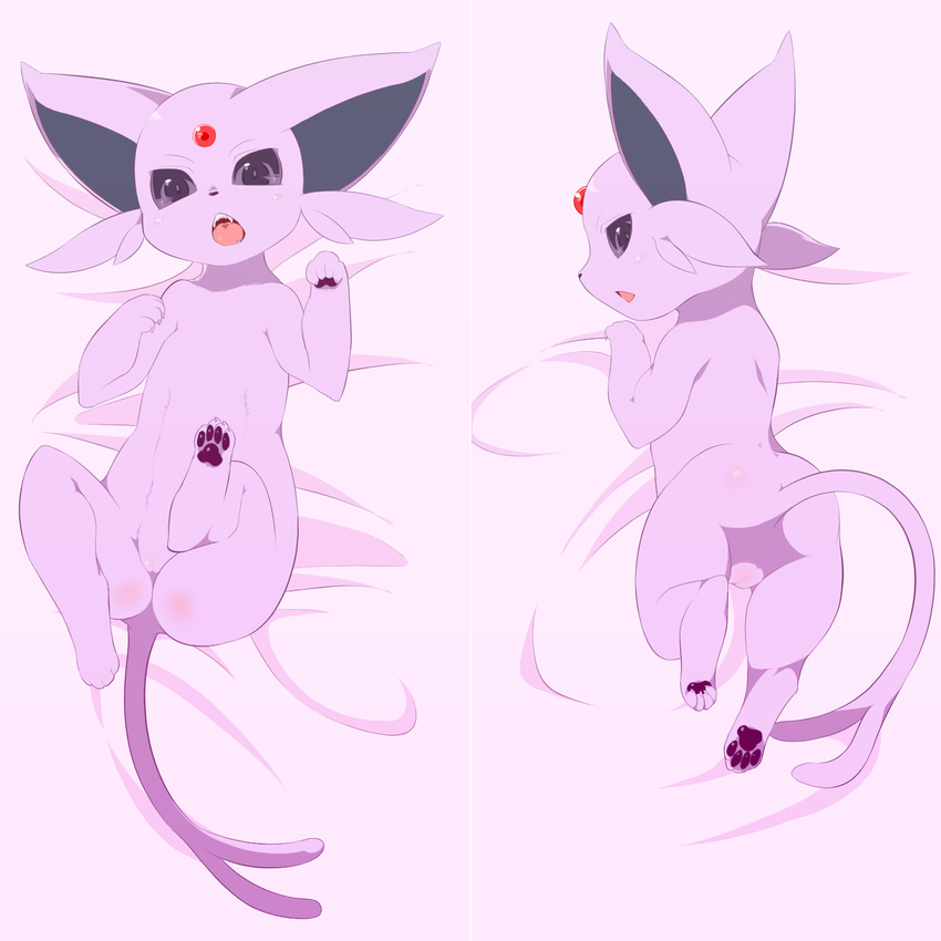??? butt eeveelution espeon female feral hindpaw looking_at_viewer looking_back lying nintendo nude on_back open_mouth pawpads paws pok&#233;mon pok&eacute;mon pussy solo video_games