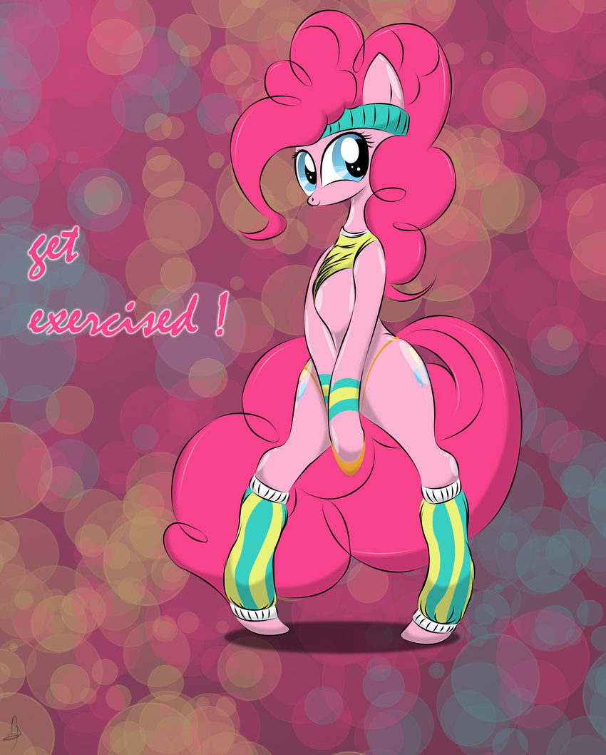 anthro anthrofied blue_eyes clothed clothing cutie_mark english_text equine female friendship_is_magic fur hair headband horse leg_warmer legwear looking_at_viewer mammal my_little_pony pink_fur pink_hair pinkie_pie_(mlp) pony skimpy smile solo text v-d-k