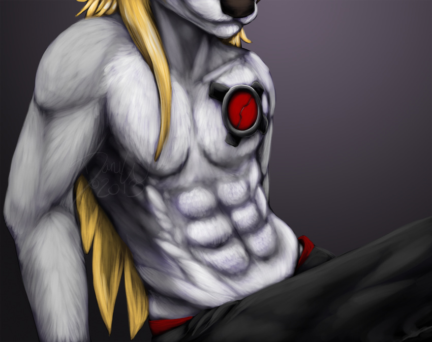 blonde_hair canine chest cyborg eloe glytheum_purifier hair male mammal muscles pinup pose solo wolf