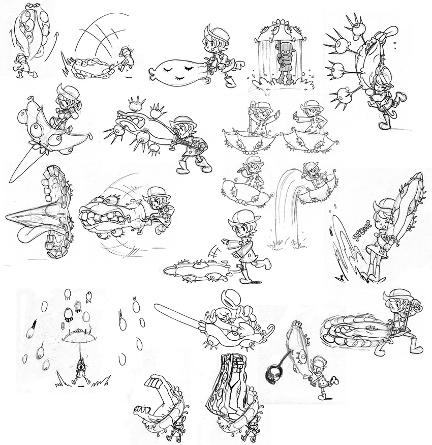 1girl attack character_sheet concept_art hat highres hungern_(skullgirls) lab_zero_games monochrome official_art rain raincoat short_hair skullgirls solo umbrella umbrella_(skullgirls)