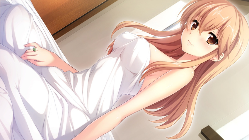 16:9 1girl bare_shoulders bed bed_sheet blonde_hair blush breasts brown_eyes covered_nipples erect_nipples game_cg happy hatsukoi_1/1 jewelry koizumi_amane long_hair looking_at_viewer morino_yukino nude ring sitting smile solo