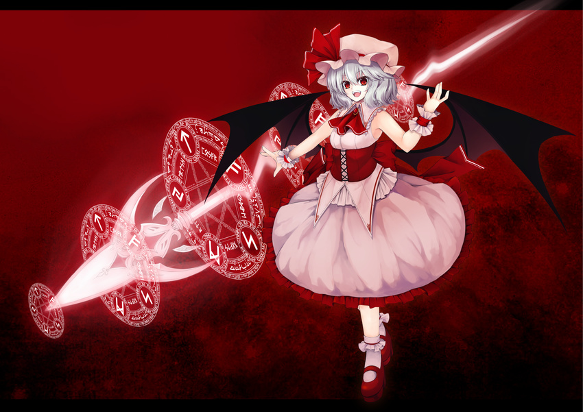 adapted_costume ascot bat_wings blue_eyes brooch corset hat hat_ribbon highres jewelry letterboxed looking_at_viewer magic_circle mary_janes open_mouth outstretched_arm outstretched_hand red_eyes red_footwear remilia_scarlet ribbon shirt shoes silver_hair skirt skirt_set sleeveless sleeveless_shirt smile solo spear_the_gungnir touhou utakata_(kochou_no_yume) wings wrist_cuffs