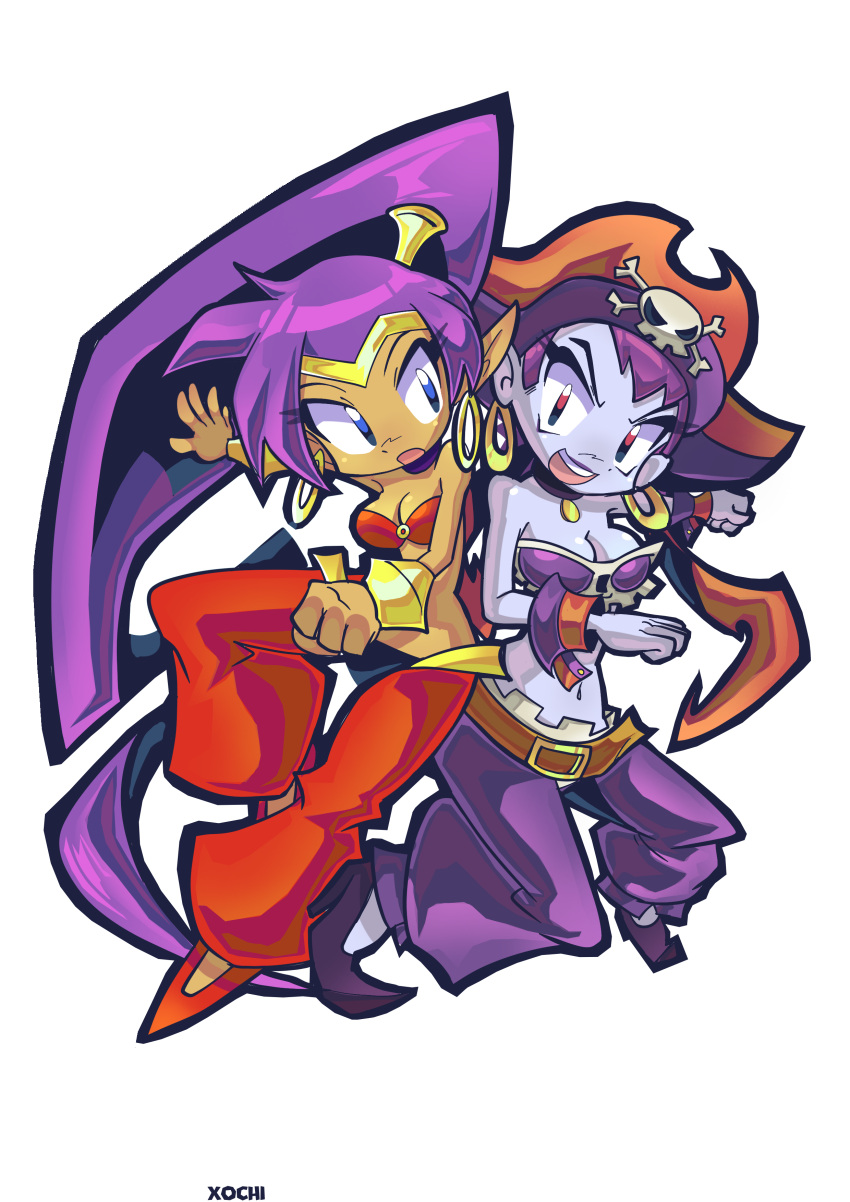 absurd_res blue_body blue_skin breasts brown_body brown_skin cleavage clothed clothing duo female footwear genie group hair hi_res human humanoid humanoid_pointy_ears long_hair male mammal not_furry open_mouth open_smile ponytail purple_hair risky_boots shantae shantae_(series) signature smile tinkerbat wayforward xochibunsai