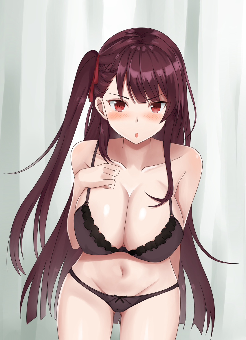 1girl absurdres ass_visible_through_thighs black_bra black_panties blush bra breasts cleavage collarbone commentary girls'_frontline groin hair_ribbon half_updo highres indoors large_breasts leaning_forward long_hair looking_at_viewer navel one_side_up open_mouth panties purple_hair red_eyes red_ribbon ribbon sidelocks skindentation solo stomach thighs underwear underwear_only very_long_hair vodka13 wa2000_(girls'_frontline)