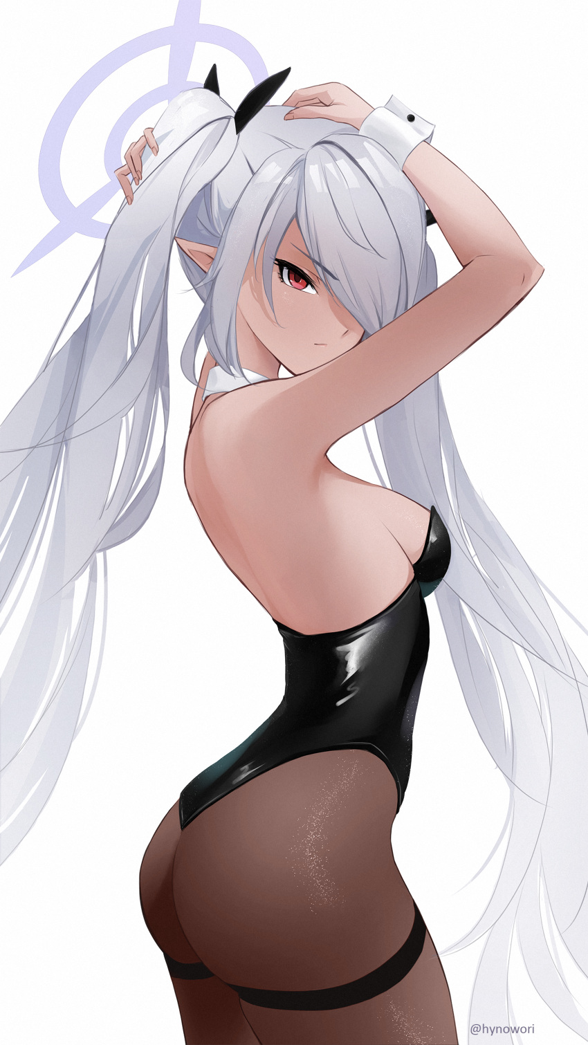 1girl absurdres alternate_costume arms_up ass bare_shoulders black_leotard blue_archive breasts brown_pantyhose closed_mouth dark-skinned_female dark_skin grey_hair hair_over_one_eye halo highres hynowori iori_(blue_archive) leotard long_hair looking_at_viewer pantyhose playboy_bunny pointy_ears red_eyes simple_background small_breasts solo thigh_strap twintails very_long_hair white_background wrist_cuffs