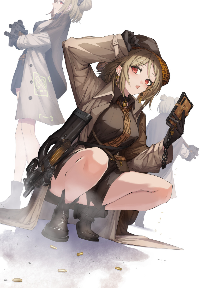 1girl arm_up black_footwear breasts bullpup coat girls'_frontline gloves gun hand_on_headwear hat highres light_brown_hair looking_at_viewer official_alternate_costume p90 p90_(girls'_frontline) p90_(the_girl_from_b.e.l)_(girls'_frontline) phone red_eyes squatting submachine_gun weapon yakupan