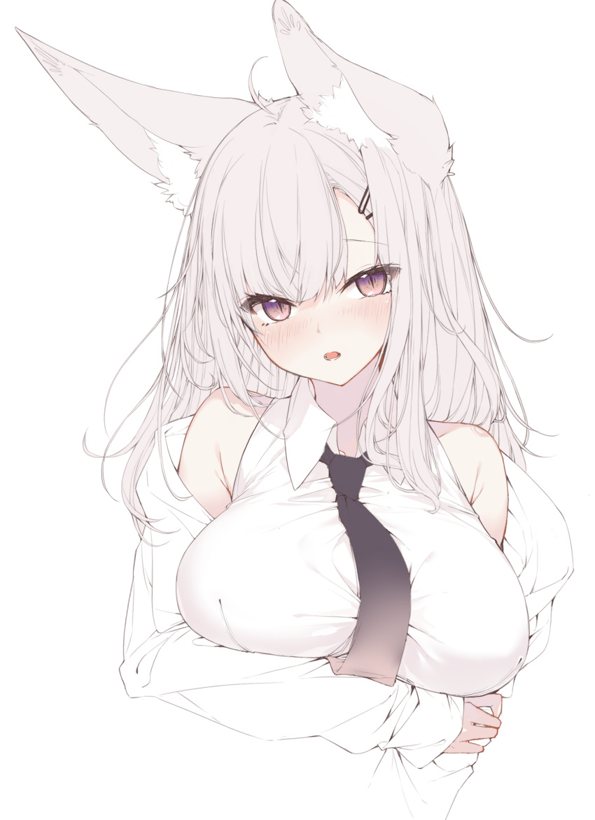1girl ahoge animal_ear_fluff animal_ears arm_under_breasts black_bow black_bowtie blush bow bowtie breasts commentary cropped_arm cropped_torso gradient_eyes hair_ornament hairclip highres holding_own_arm large_breasts long_hair looking_at_viewer lower_teeth_only multicolored_eyes off_shoulder original parted_lips purple_eyes simple_background solo symbol-only_commentary teeth white_background white_hair yuui_hutabakirage