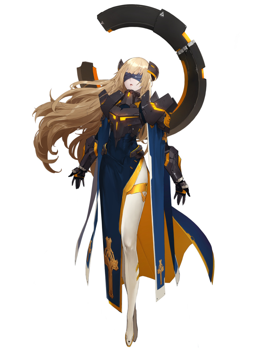 1girl arms_at_sides artist_request blonde_hair blue_dress blunt_bangs bodysuit covered_eyes cross_print dress final_gear highres long_hair mecha_musume mechanical_arms official_art pelvic_curtain serenity_(final_gear) solo striped_clothes striped_dress tachi-e third-party_source transparent_background two-tone_bodysuit vertical-striped_clothes vertical-striped_dress very_long_hair white_bodysuit