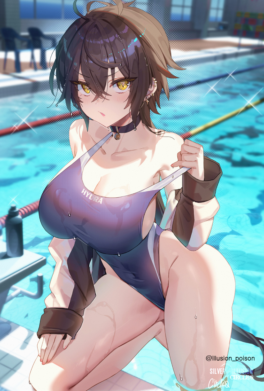1girl :o ahoge ass ass_visible_through_thighs bare_shoulders barefoot black_choker black_hair black_jacket blue_one-piece_swimsuit blurry blurry_background blush bottle breasts chair chestnut_mouth choker cleavage clothes_writing collarbone competition_swimsuit covered_navel cowlick crossed_bangs depth_of_field diffraction_spikes double-parted_bangs ear_piercing earrings from_side hair_between_eyes halftone hand_on_own_thigh hand_up highres huge_breasts hwansang_jungdog indoors jacket jewelry lane_line long_hair looking_at_viewer low_ponytail multicolored_clothes multicolored_jacket multiple_earrings nail_polish off_shoulder on_one_knee one-piece_swimsuit open_clothes open_jacket open_mouth original pendant pendant_choker piercing ponytail pool poolside pulled_by_self red_nails scowl sideboob sleeves_past_wrists solo starting_block strap_pull swimsuit taut_clothes thighs tile_floor tiles track_jacket twitter_username two-tone_jacket v-shaped_eyebrows very_long_hair wading water water_bottle wet wet_clothes wet_hair wet_swimsuit white_jacket window yellow_eyes
