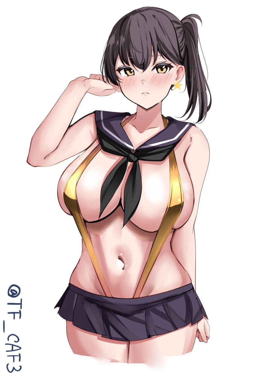 1girl alternate_costume arm_up black_neckerchief black_sailor_collar black_skirt blush brown_eyes brown_hair closed_mouth cropped_legs earrings embarrassed gold_one-piece_swimsuit highres jewelry kaga_(kancolle) kantai_collection long_hair looking_at_viewer microskirt navel neckerchief one-hour_drawing_challenge one-piece_swimsuit pleated_skirt revealing_clothes sailor_collar side_ponytail skirt slingshot_swimsuit solo star_(symbol) star_earrings swimsuit swimsuit_under_clothes tf_cafe twitter_username white_background