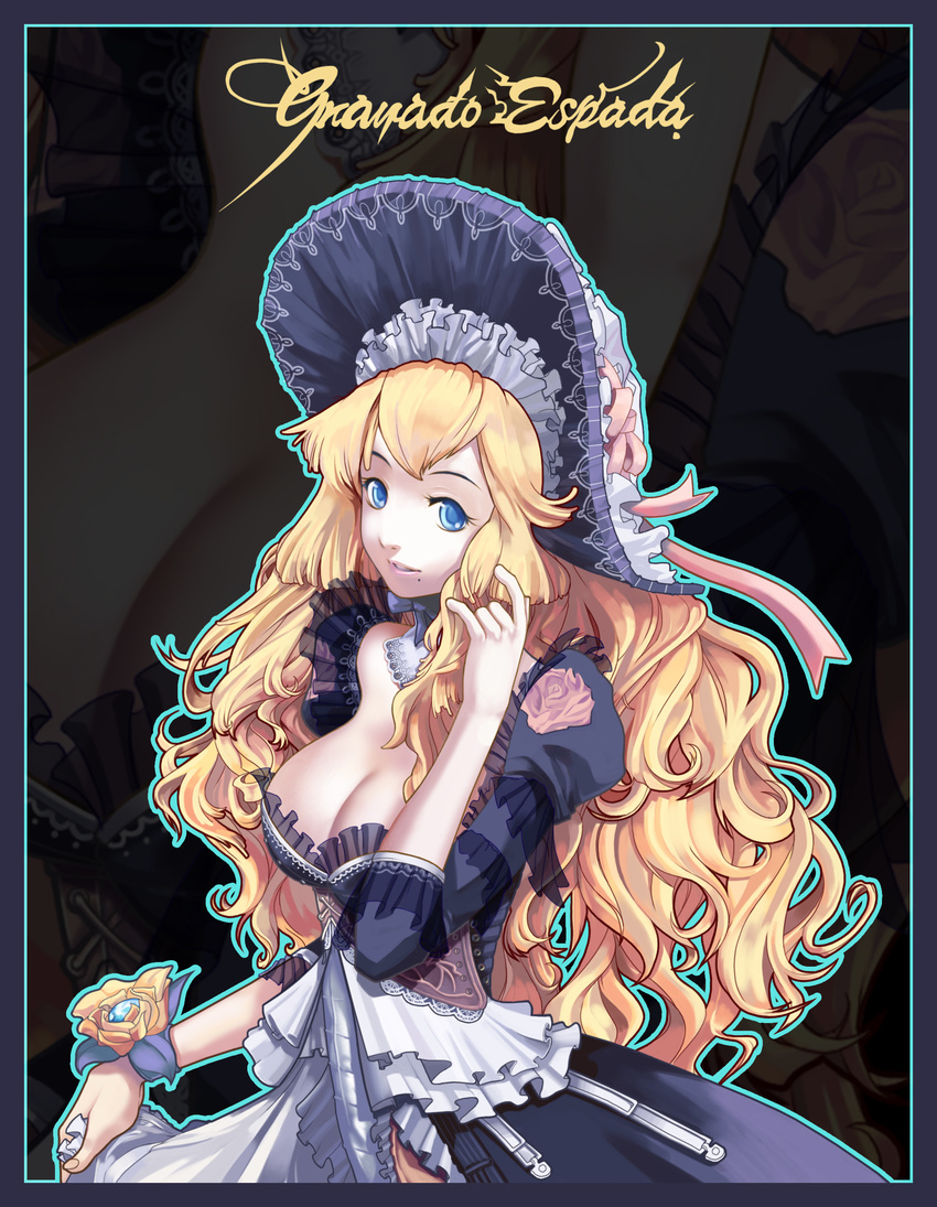 absurdres blonde_hair blue_eyes breasts cleavage dress granado_espada hat highres large_breasts long_hair mole mole_under_mouth solo ukero warlock_(granado_espada)