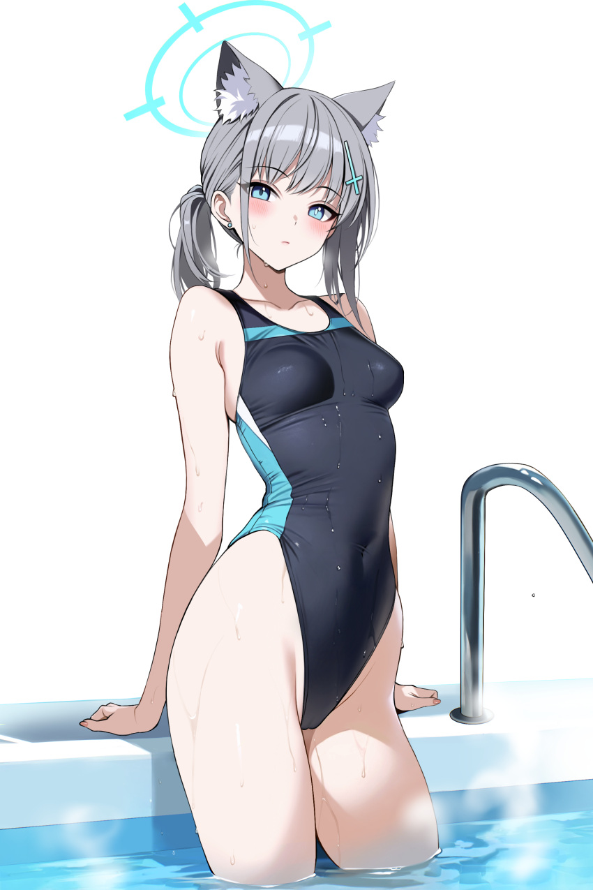 1girl absurdres animal_ear_fluff animal_ears ateoyh bare_arms bare_legs bare_shoulders blue_archive blue_eyes breasts competition_swimsuit covered_navel covered_nipples extra_ears grey_hair hair_ornament halo highres looking_at_viewer official_alternate_costume one-piece_swimsuit shiroko_(blue_archive) shiroko_(swimsuit)_(blue_archive) small_breasts solo swimsuit thighs wet wolf_ears