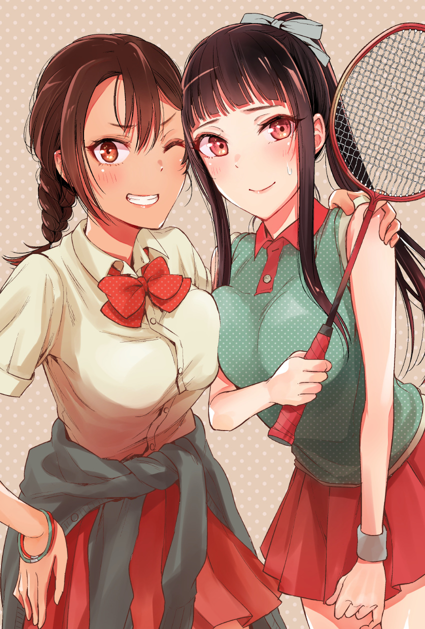 2girls absurdres badminton_racket bare_shoulders black_hair blush bow bowtie bracelet braid breast_press brown_eyes brown_hair cardigan cardigan_around_waist character_request closed_mouth clothes_around_waist collared_shirt commentary_request cowboy_shot grin hair_between_eyes hair_bow hand_on_another's_shoulder hand_on_own_hip highres holding holding_racket jewelry koyurugi_shiina long_hair long_sidelocks looking_at_viewer multiple_girls official_art one_eye_closed pleated_skirt polka_dot polka_dot_background polka_dot_bowtie polka_dot_shirt ponytail racket red_bow red_bowtie red_eyes red_skirt school_uniform shiny_skin shirt shousetsu_no_kamisama simple_background skirt skirt_tug smile sweatdrop teeth tenacitysaho white_wristband wing_collar