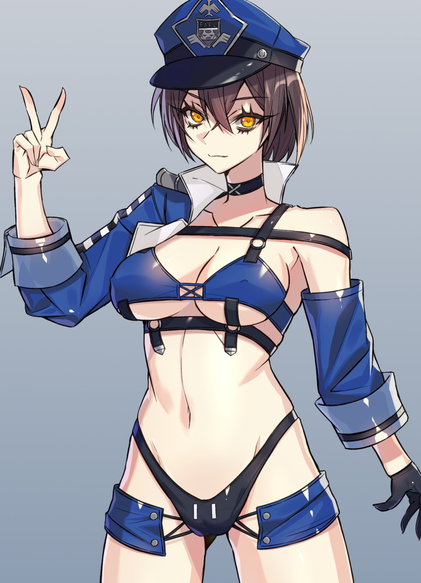 1girl azur_lane baltimore_(azur_lane) baltimore_(finish_line_flagbearer)_(azur_lane) bikini black_bikini black_choker black_gloves blue_bikini blue_hat blue_jacket blue_shorts blue_sleeves breasts brown_hair chest_harness choker cleavage closed_mouth collarbone commentary cowboy_shot cropped_jacket crossed_bangs detached_sleeves gloves grey_background groin hair_between_eyes hand_up harness hat highleg highleg_bikini highres jacket looking_at_viewer medium_breasts micro_shorts mismatched_bikini navel official_alternate_costume ouka_(sakura_oinari) peaked_cap race_queen short_hair shorts sidelocks simple_background single_bare_shoulder single_detached_sleeve single_sleeve skindentation solo standing stomach swimsuit v yellow_eyes