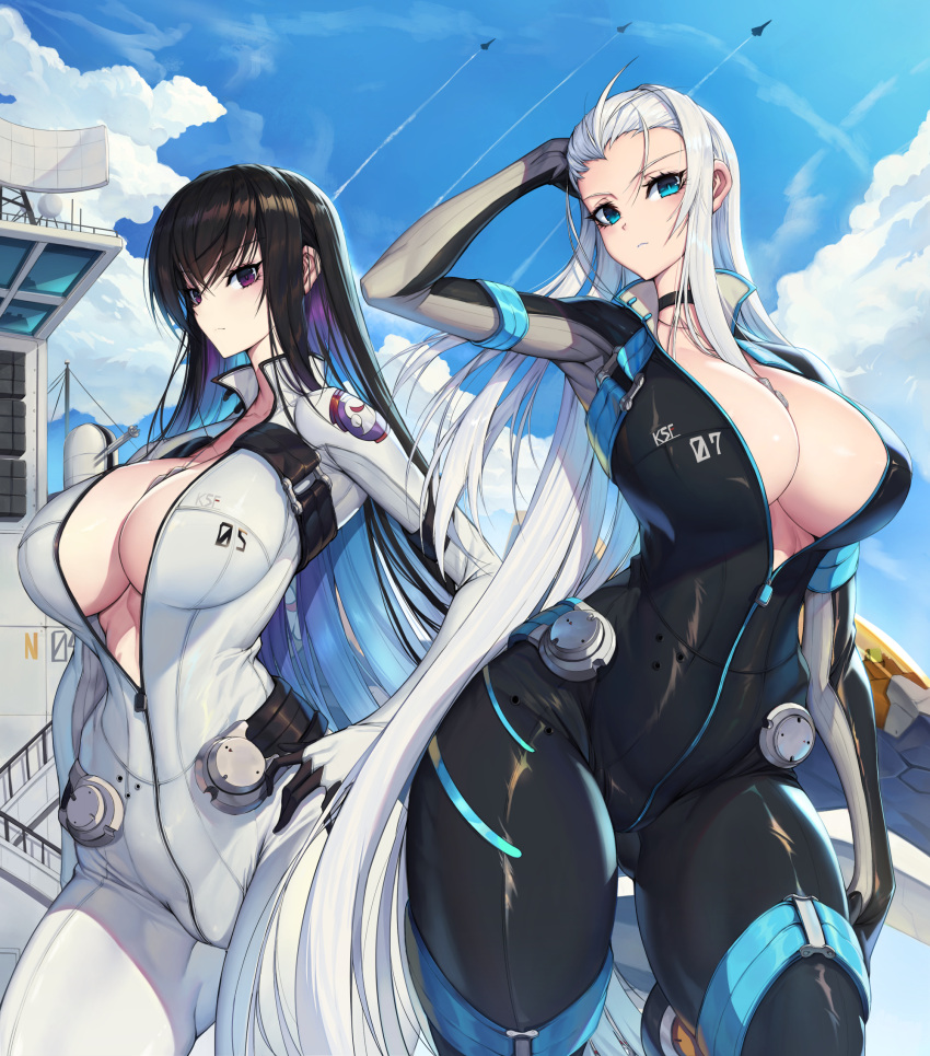 2girls arm_up armpits black_bodysuit black_choker black_hair blue_eyes blue_hair bodysuit breasts choker cleavage colored_inner_hair commission female_pubic_hair highres impossible_clothes large_breasts long_hair multicolored_hair multiple_girls navel original outdoors partially_unzipped pilot_suit pink_hair pubic_hair purple_eyes rodway two-tone_hair very_long_hair white_bodysuit white_hair