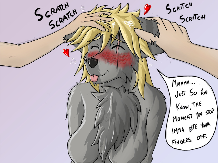 anthro blonde_hair breasts canid canine canis chara_(links) chest_tuft collar colored coyote farfener female fur grey_body grey_fur hair hi_res links mammal pet_(disambiguation) petting predators red_eyes rune shiyan text the-farfener the_auroran_archives the_farfener theauroranarchive tuft wolf