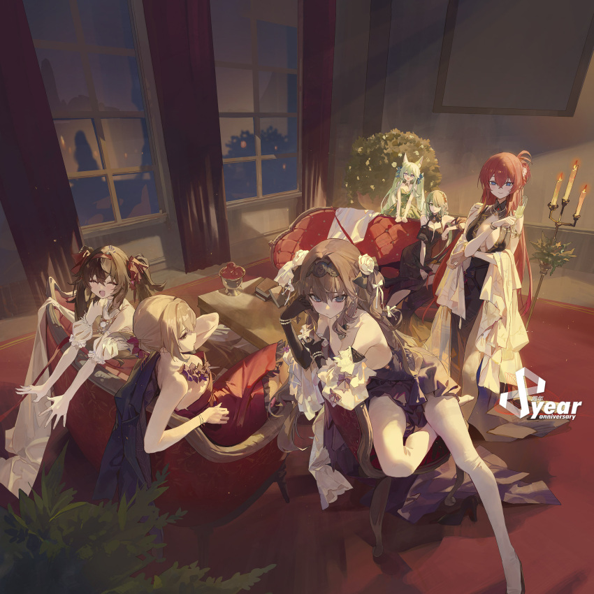 6+girls 6p62_(girls'_frontline) anniversary art556_(girls'_frontline) black_dress blonde_hair blue_eyes breasts brown_hair candle candlestand chinese_commentary closed_eyes couch dress english_text girls'_frontline green_dress green_eyes green_hair grey_eyes highres indoors multiple_girls official_alternate_costume official_art open_mouth red_dress red_hair sitting smile stevens_520_(girls'_frontline) table tac-50_(girls'_frontline) type_97_(girls'_frontline) vector_(girls'_frontline) window