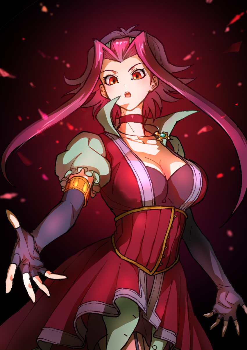 1girl absurdres breasts brown_eyes choker cleavage collarbone elbow_gloves fingerless_gloves flower gloves highres izayoi_aki jewelry large_breasts long_hair looking_at_viewer necklace open_mouth petals red_hair rose rose_petals solo youko-shima yu-gi-oh! yu-gi-oh!_5d's