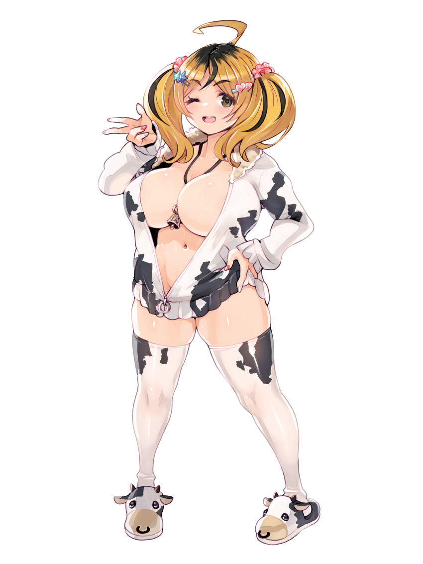 1girl ahoge animal-themed_footwear animal_print black_hair blonde_hair breasts brown_eyes center_opening cow_print dairoku_ryouhei full_body hair_ornament hairclip heart heart_hair_ornament highres huge_breasts jewelry long_hair long_sleeves looking_at_viewer multicolored_hair multicolored_nails navel necklace one_eye_closed open_mouth parted_bangs photoshop_(medium) red_nails ryoji_(nomura_ryouji) slippers solo standing star_(symbol) star_hair_ornament streaked_hair thick_thighs thighhighs thighs transparent_background two-tone_hair white_nails