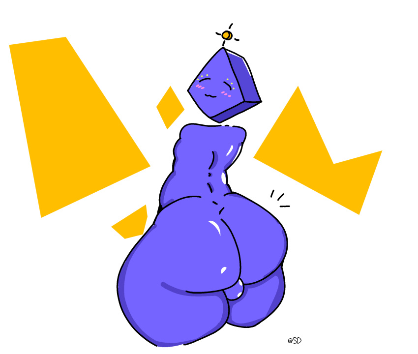 anthro armless backsack balls big_balls binary_drawing blue_body blush genitals glistening glistening_body hi_res huge_balls hyper hyper_balls hyper_genitalia looking_back male rear_view smile smiling_at_viewer solo spaciousdawg thick_thighs wide_hips