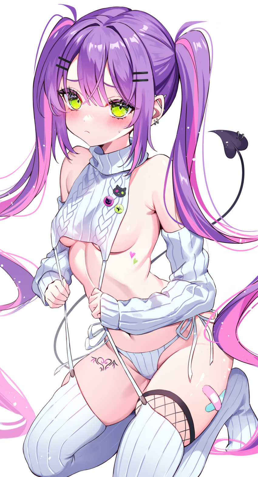 1girl absurdres backless_dress backless_outfit bandaid bare_back bare_shoulders blush breasts cropped_shirt demon_girl demon_tail dress ear_piercing eneru_(enepuni) green_eyes hair_ornament hairclip highres hololive impossible_clothes kneeling leg_tattoo long_hair looking_at_viewer meme_attire multicolored_hair naked_sweater navel piercing revealing_clothes sideboob simple_background small_breasts solo sweater sweater_dress tail tail_ornament tail_piercing tattoo thighhighs tokoyami_towa turtleneck turtleneck_sweater twintails two-tone_hair virgin_killer_sweater virtual_youtuber white_background