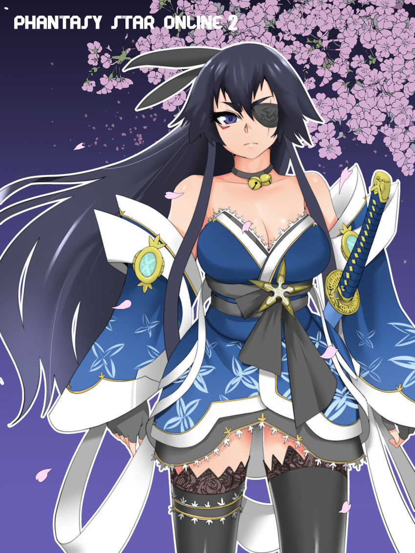 1girl absurdres asha black_gloves black_hair black_thighhighs blue_eyes blue_kimono blue_sleeves breasts cherry_blossoms cleavage closed_mouth commentary_request cowboy_shot detached_sleeves eyepatch fingerless_gloves flower frown gloves hair_between_eyes highres japanese_clothes katana kimono large_breasts long_hair looking_at_viewer medium_bangs phantasy_star phantasy_star_online_2 pink_flower protagonist_(pso2) scar scar_across_eye sheath sheathed sidelocks solo sword thighhighs v-shaped_eyebrows very_long_hair weapon