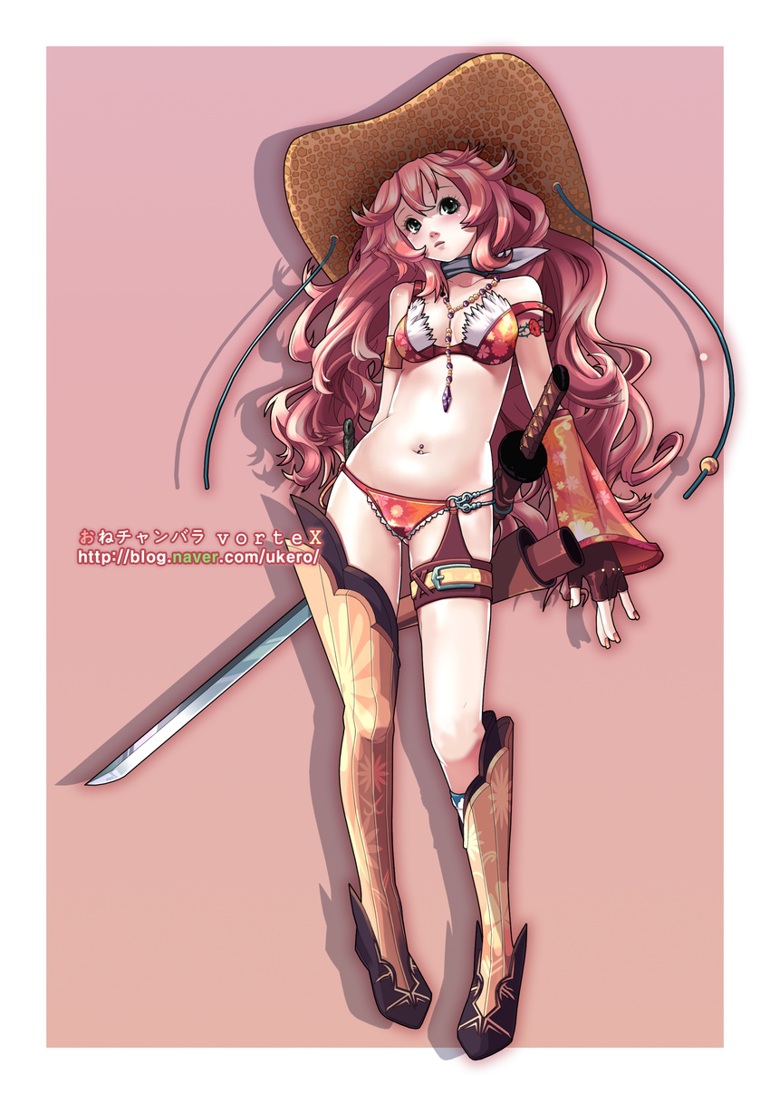 absurdres aya_(oneechanbara) bikini_top boots flower green_eyes hands hat highres katana legs lips long_hair lowleg navel_piercing oneechanbara piercing rose solo sword thigh_strap ukero weapon