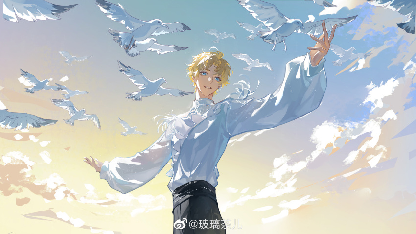 1boy absurdres bird black_pants blonde_hair blue_eyes blue_sky bolichar cloud cowboy_shot curtained_hair dove ear_chain frilled_shirt frills gradient_sky grin highres long_sleeves looking_at_viewer love_and_producer male_focus outstretched_arms pants parted_bangs puffy_long_sleeves puffy_sleeves shirt shirt_tucked_in short_hair sky smile solo spread_arms standing sunrise weibo_logo weibo_watermark white_shirt yellow_sky zhou_quiluo