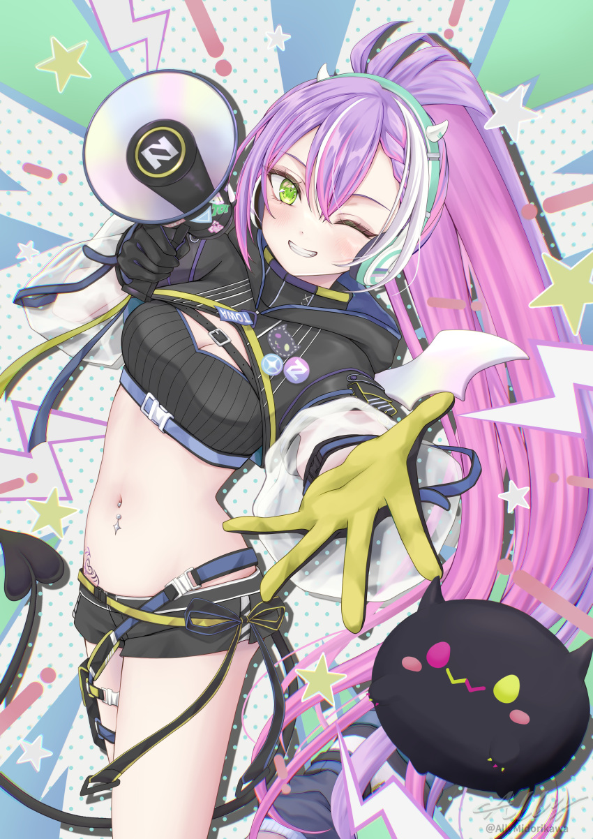 ! 1girl absurdres allymidorikawa alternate_color bandeau bibi_(tokoyami_towa) black_bandeau black_gloves black_shorts black_shrug black_tail black_tube_top blush bow breasts buckle colored_inner_hair demon_tail fake_horns gloves green_eyes hair_ornament headset highres hip_tattoo holding holding_megaphone hololive hooded_shrug horned_headwear horns lightning_bolt_symbol long_hair long_sleeves looking_at_viewer megaphone multicolored_hair navel_piercing official_alternate_costume official_alternate_hairstyle one_eye_closed open_mouth piercing pink_hair ponytail purple_hair ribbed_bandeau see-through see-through_sleeves shorts smile snap-fit_buckle snapping_fingers solo star_(symbol) strapless streaked_hair tail tokoyami_towa tokoyami_towa_(5th_costume) tube_top two-sided_gloves virtual_youtuber winged_heart_tattoo