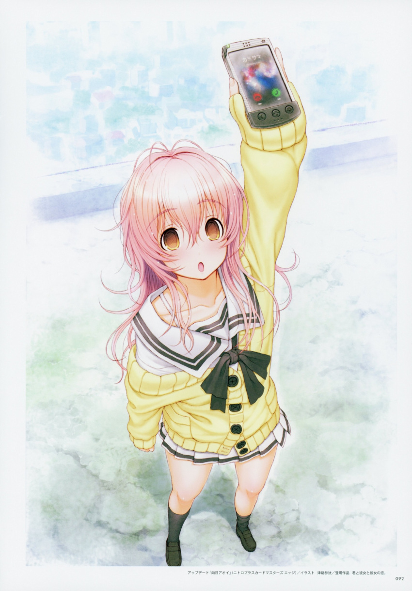 1girl :o black_footwear black_neckerchief black_socks blush border brown_eyes buttons cardigan cellphone cellphone_photo collarbone foreshortening from_above full_body hair_ornament highres holding holding_phone kimi_to_kanojo_to_kanojo_no_koi. kneehighs loafers long_hair looking_up messy_hair miniskirt mukou_aoi_(totono) neckerchief off_shoulder official_art open_mouth outstretched_arm phone pink_hair pleated_skirt rooftop sailor_collar school_uniform serafuku shoes sidelocks skirt smartphone socks solo standing tsuji_santa white_border white_sailor_collar white_serafuku white_skirt yellow_cardigan