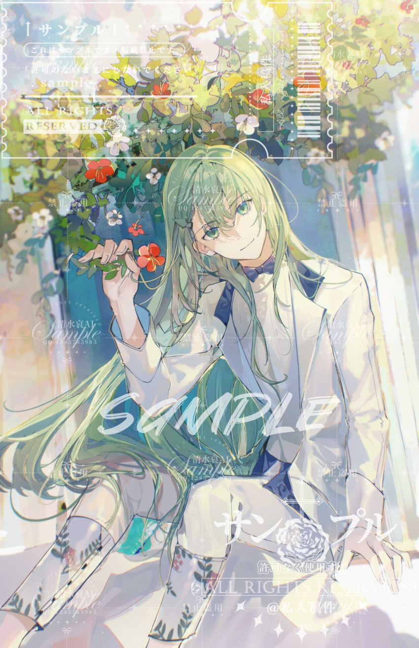 1boy black_bow black_bowtie black_collar bow bowtie chinese_commentary closed_mouth coattails collar collared_jacket commentary_request enkidu_(fate) enkidu_(fly_off)_(fate) fate/grand_order fate_(series) feet_out_of_frame fingernails flower green_eyes green_hair hair_between_eyes head_tilt highres holding holding_flower jacket long_hair long_sleeves male_focus open_clothes open_jacket pants qingshui_ai red_flower sample_watermark shirt sitting smile solo suit traditional_bowtie tuxedo two-tone_collar very_long_hair watermark white_jacket white_pants white_shirt white_sleeves white_suit window yellow_flower