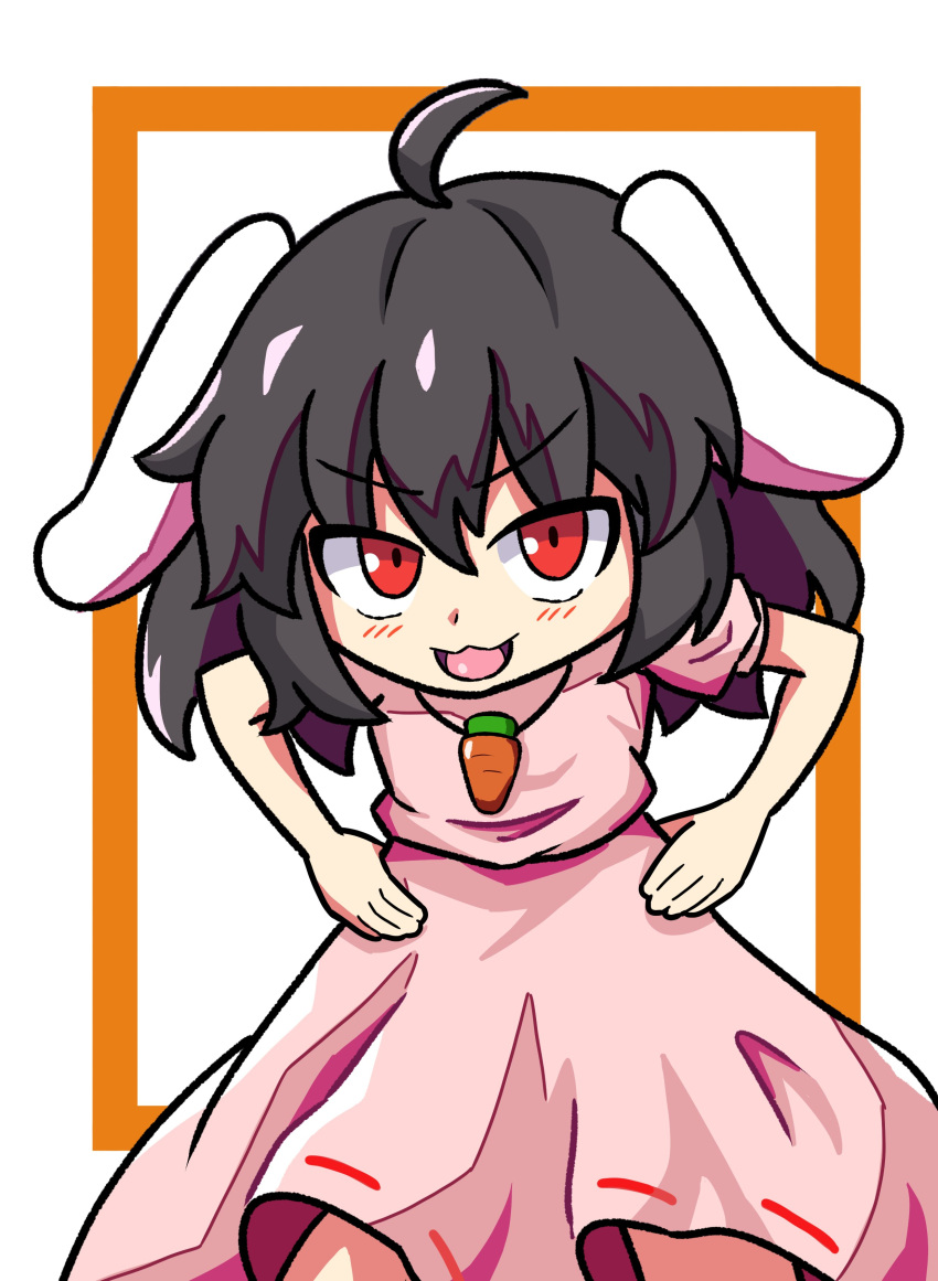 1girl absurdres ahoge black_hair dress hand_on_own_hip highres inaba_tewi long_hair looking_at_viewer pink_dress red_eyes solo suikatou touhou