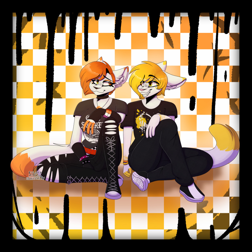 alternative_fashion checkered checkered_background clothed clothing domestic_cat duo emo felid feline felis female hi_res lgbt_pride male mammal pattern_background pride_color_accessory pride_color_clothing pride_colors sibling_(lore) silvetz simple_background